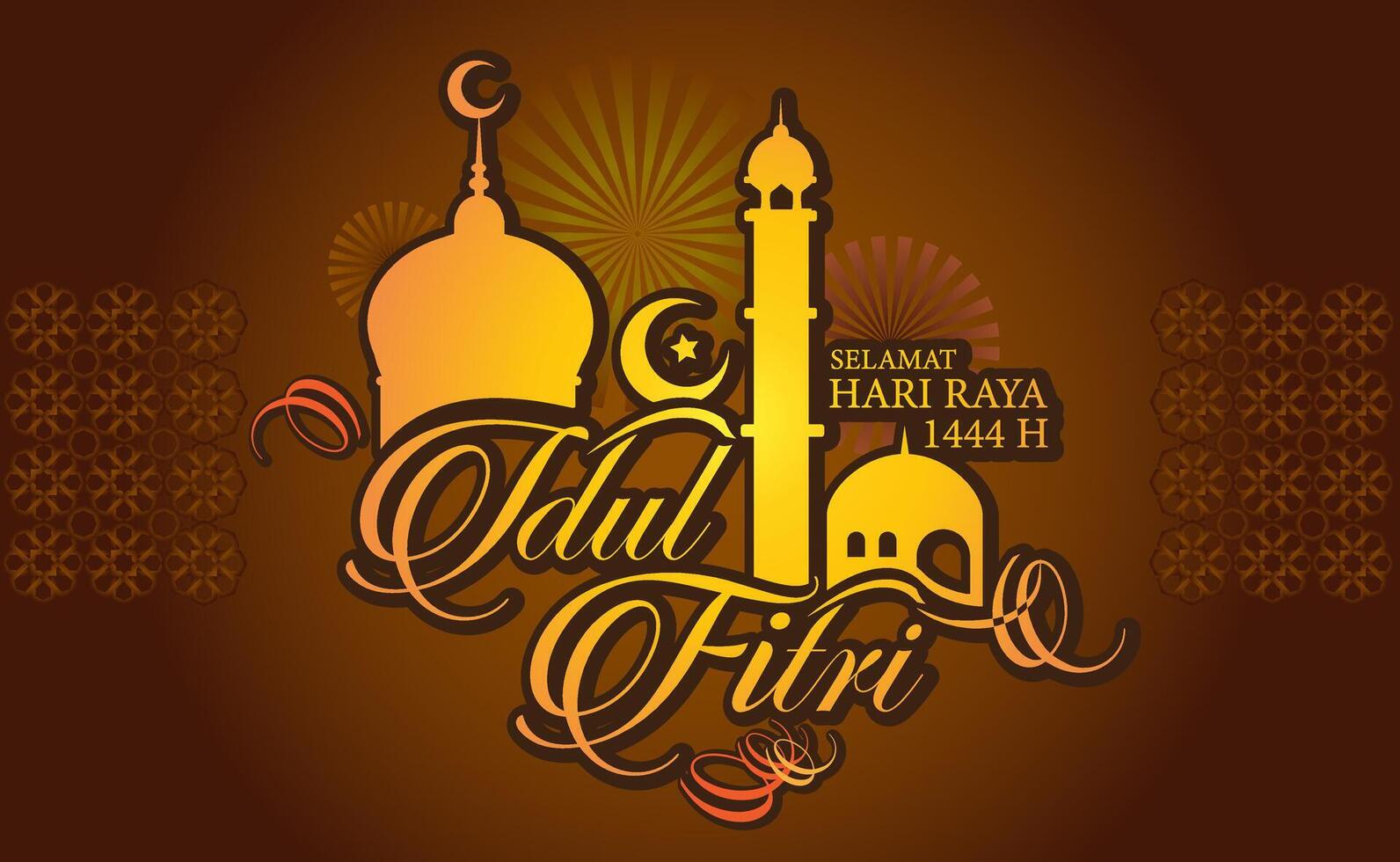 vector celebrate idul fitri luxury font text curve script and dome tower crescent moon star background gold brown gradient