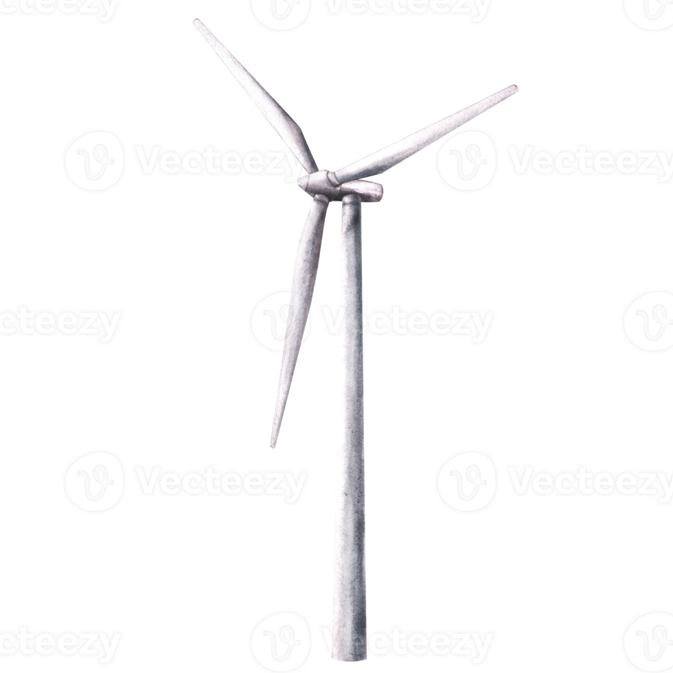 waterverf eco wind turbine, windmolens. hand- getrokken illustratie. voor ecologie thema, alternatief hernieuwbaar energie, milieu bescherming voor afdrukken, sticker logo geïsoleerd clip art achtergrond png