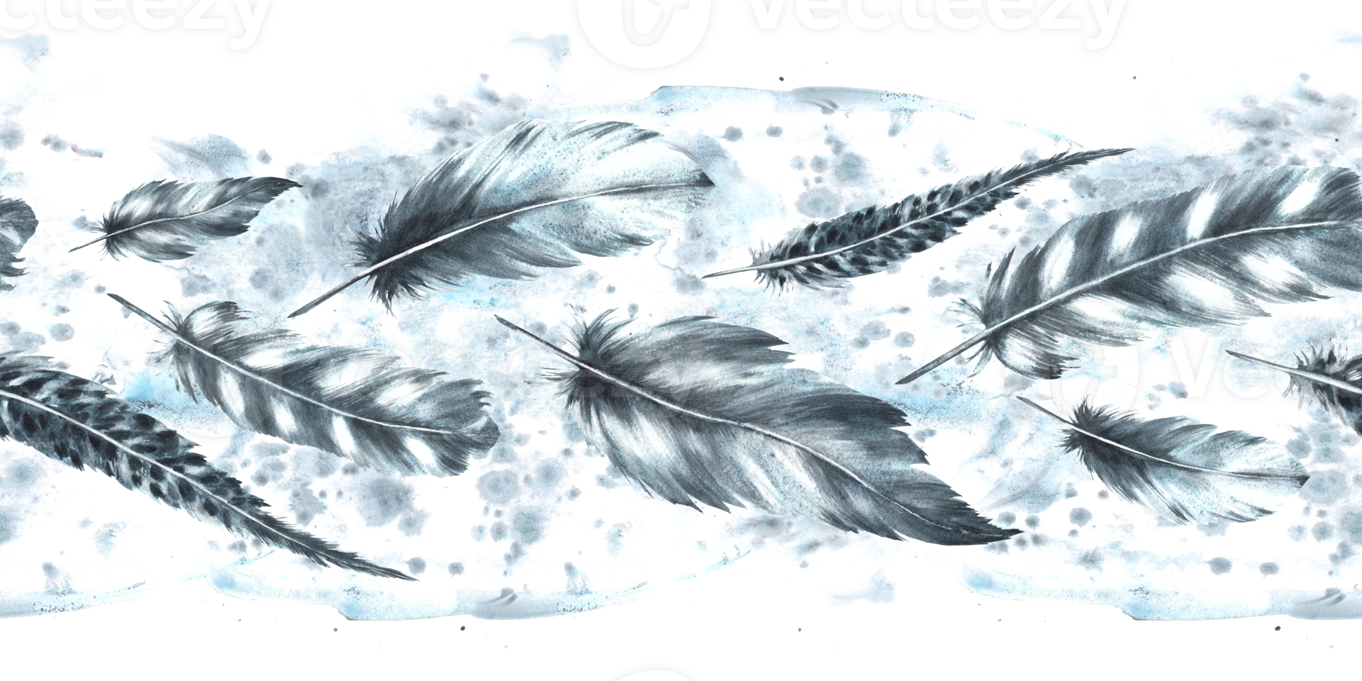 Watercolor seamless border with monochrome bird feathers grey color with granulation of shades on watercolor splashes, stains background. Quills wings drawing illustration. Wrapping, fabric Isolated png