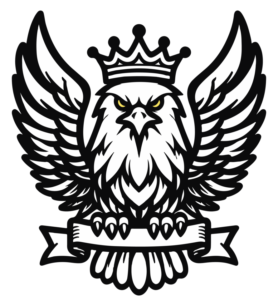 AI generated minimalist illustration of an eagle with crown on its head all in black and white png