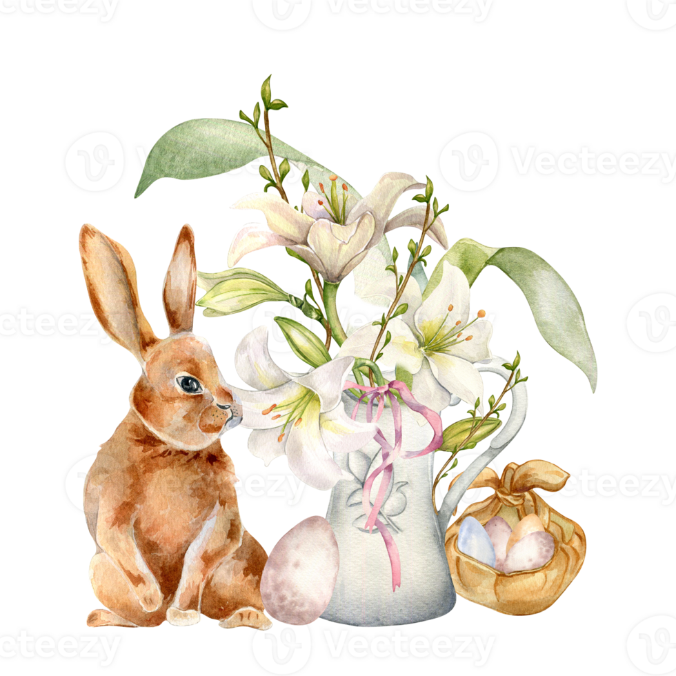 påsk kanin, ägg och vit blommor i kanna. påsk illustration. vattenfärg hare och mild blommor hand ritade. målad lilja, jordviva för design hälsning kort, dekoration. png