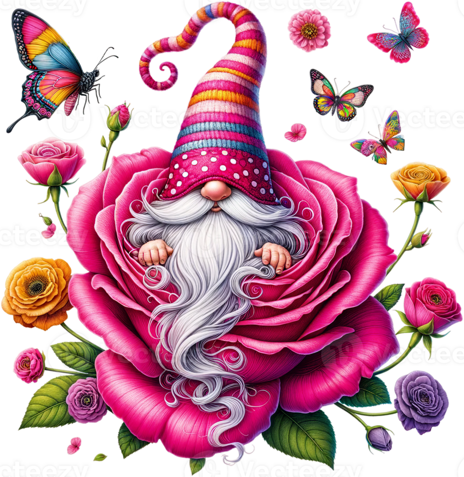 AI generated Enchanted Garden Gnome in Striped Hat Nestled in a Pink Rose png