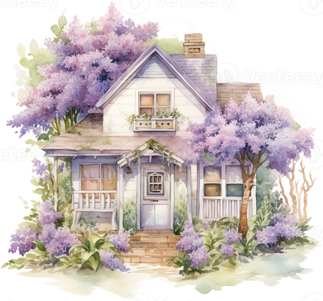 AI generated Quaint House Nestled Amongst Fragrant Lilac Shrubs png