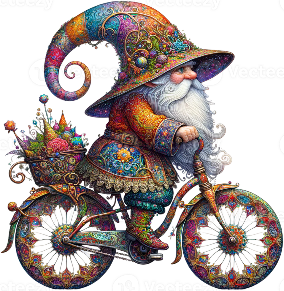 ai gerado colorida gnomo em decorativo bicicleta com paisley padrões png