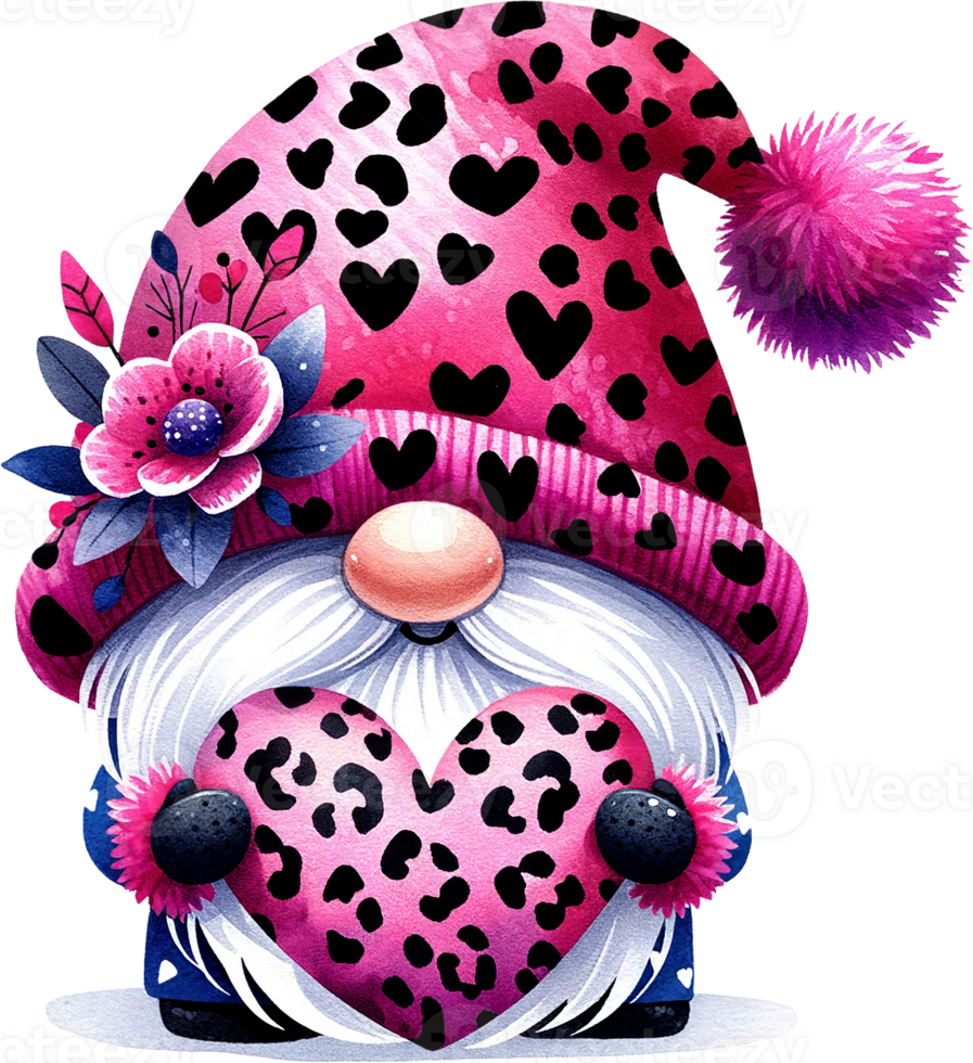 AI generated Pink Leopard Print Hat Gnome with Valentine Heart and Flowers png