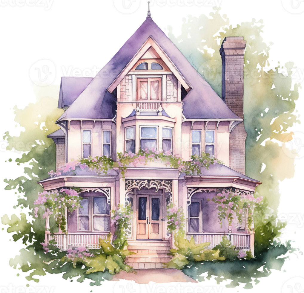 AI generated Vintage Home with Towering Lilacs and Soft Watercolor Tones png