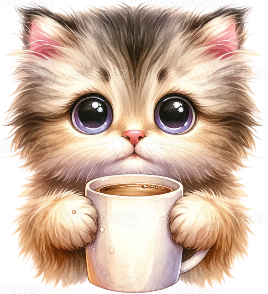 AI generated Cute Kitten Holding a Coffee Cup with Wide-Eyed Wonder png