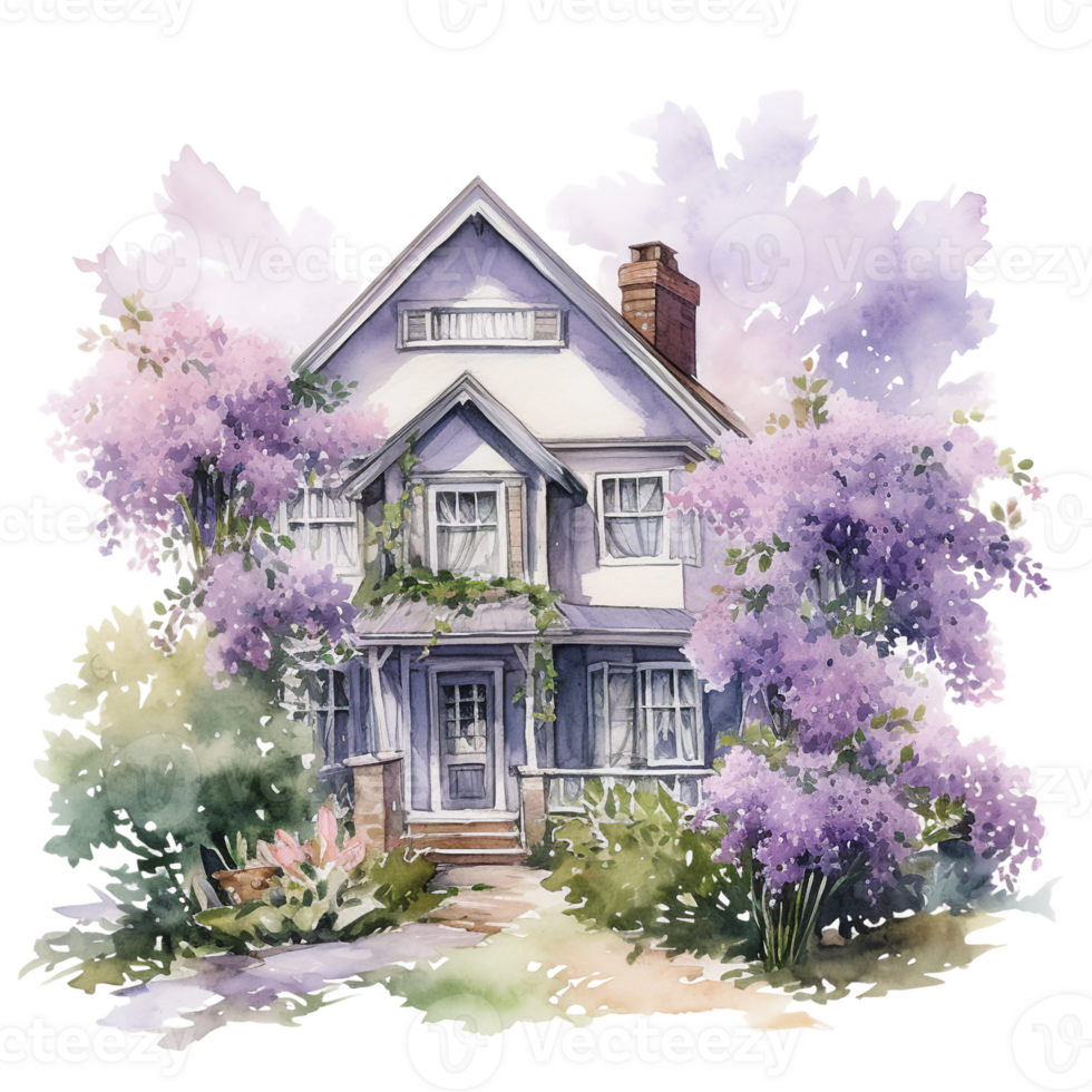 AI generated Charming Victorian House with Flourishing Lilac Bushes png