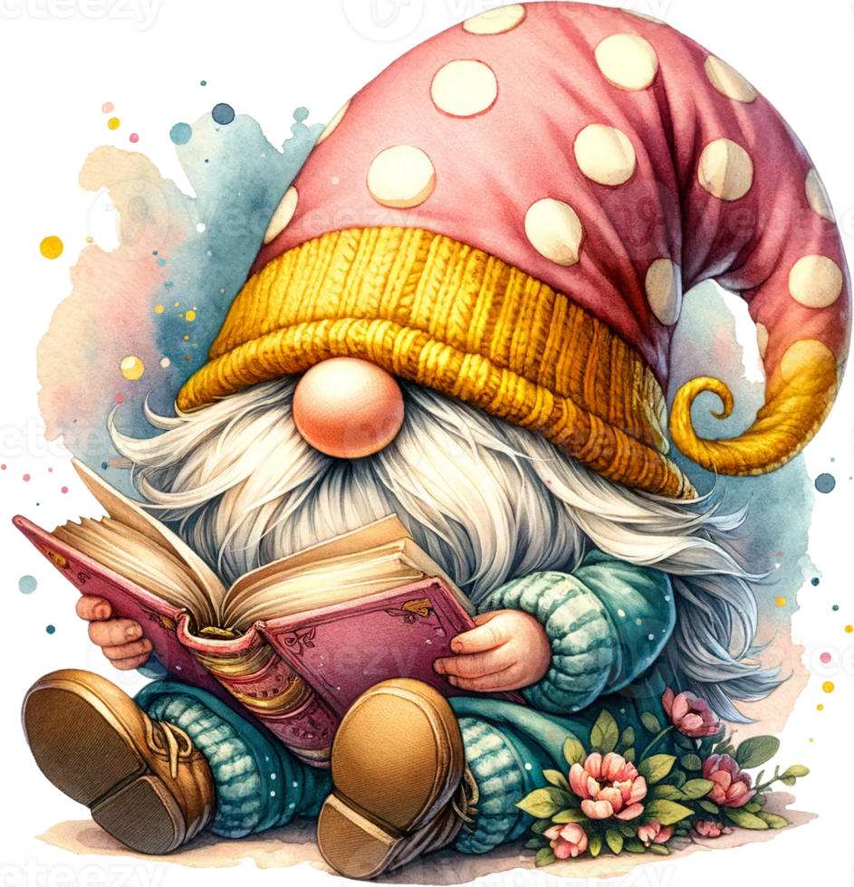 AI generated Enchanted Gnome Immersed in a Book with a Floral Polka-Dotted Hat png