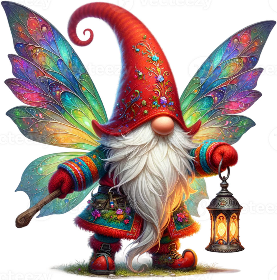 AI generated Enchanted Fairy Gnome Holding Lantern with Butterfly Wings png