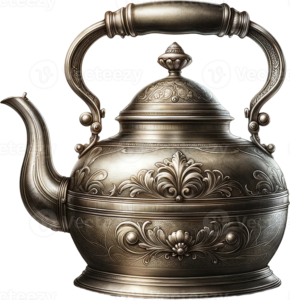 ai generato antico argento teiera con floreale incisioni acquerello clipart isolato png