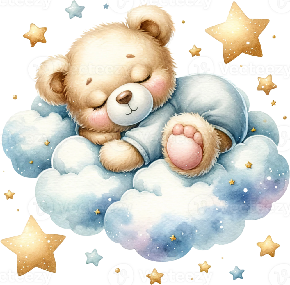 AI generated Teddy Bear Napping Among Stars Watercolor Clipart Isolated png