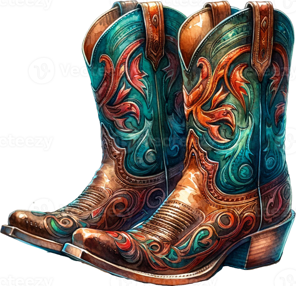 AI generated Turquoise and Brown Leather Cowgirl Boots Watercolor Clipart Isolated png