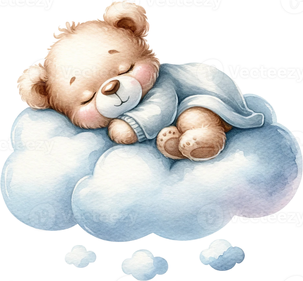 AI generated Sleeping Teddy Bear on Cloud Watercolor Clipart Isolated png