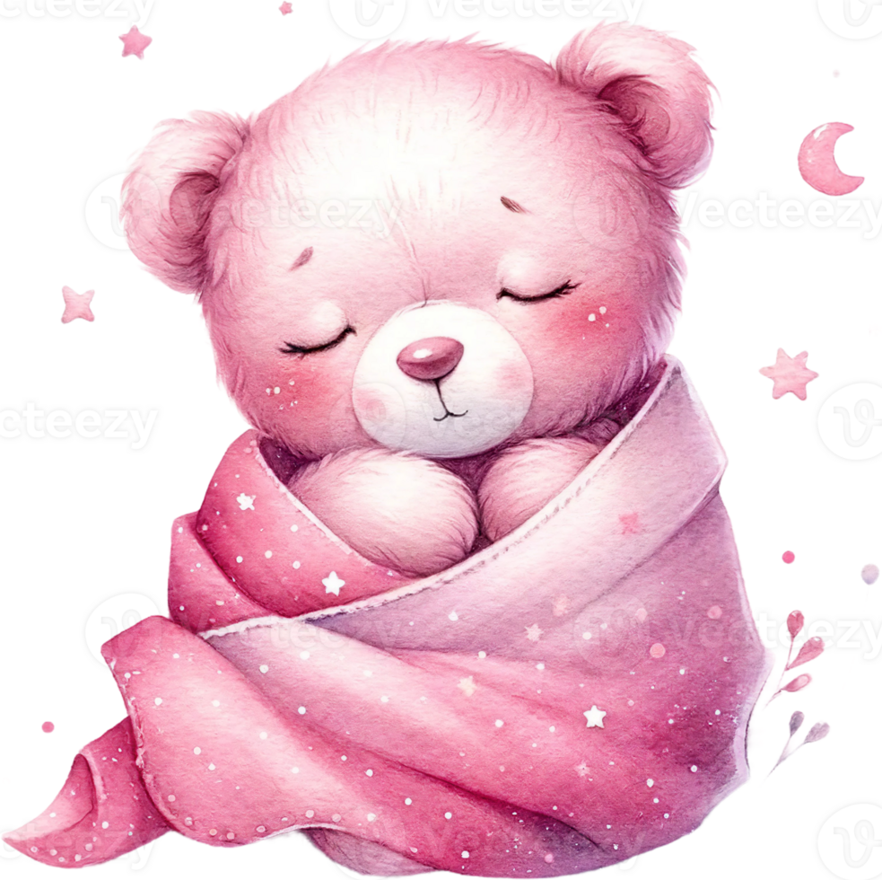 AI generated Sleeping Pink Teddy Bear Wrapped in Blanket Watercolor Clipart Isolated png