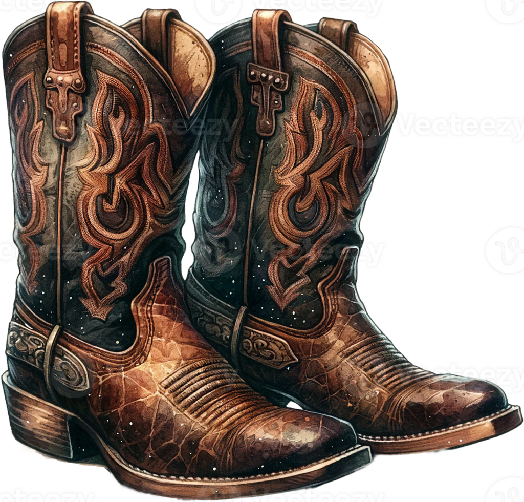 AI generated Vintage Style Cowgirl Boots with Ornate Patterns Watercolor Clipart Isolated png