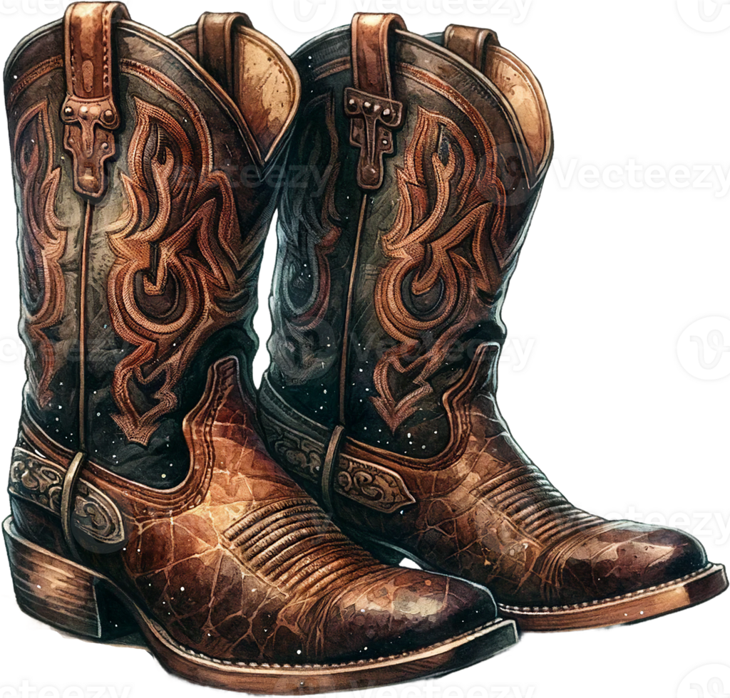 ai gegenereerd wijnoogst stijl veedrijfster laarzen met overladen patronen waterverf clip art geïsoleerd png
