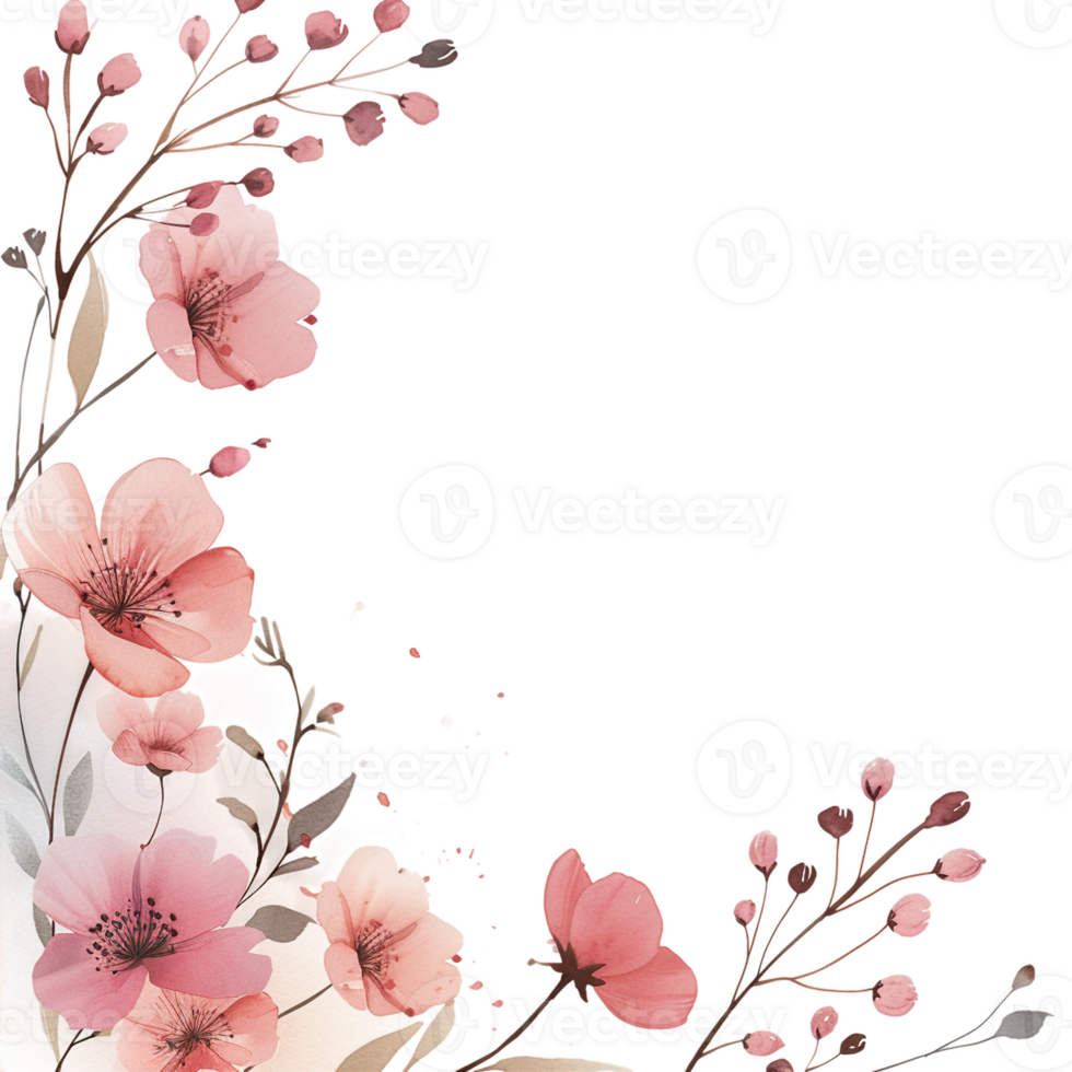 AI generated Delicate Pink Flower Border with Watercolor Blossoms and Buds png