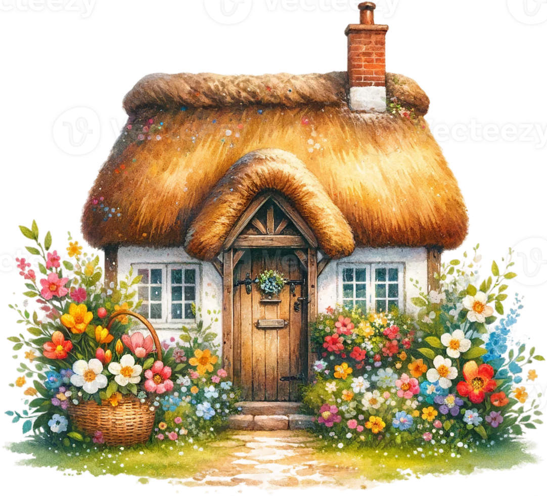 AI generated Thatched Roof Cottage with Spring Flowers Watercolor Clipart Isolated png