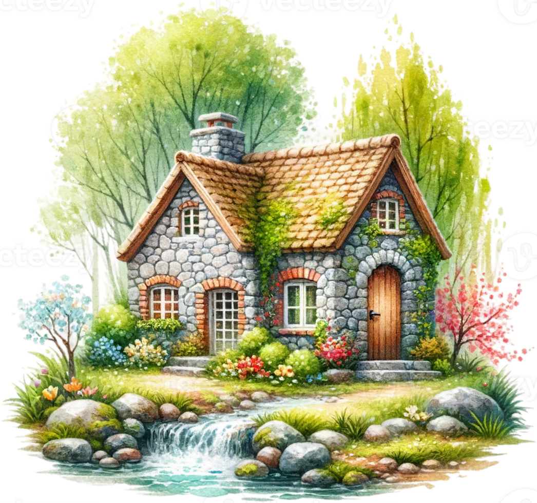 AI generated Storybook Cottage with Flowing River Watercolor Clipart Isolated png