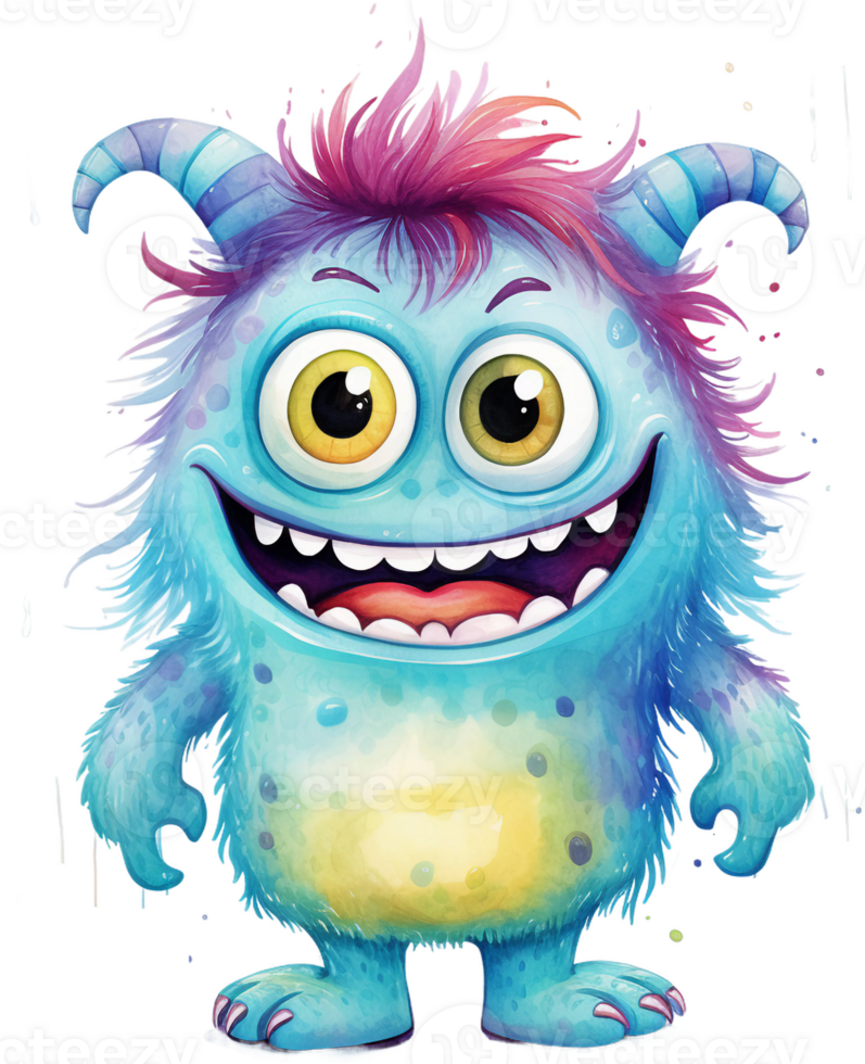 ai generado borroso azul dibujos animados monstruo con púrpura penacho y grande sonrisa png