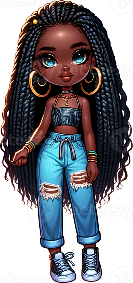 AI generated Trendy Chibi Character with Braids and Ripped Jeans png