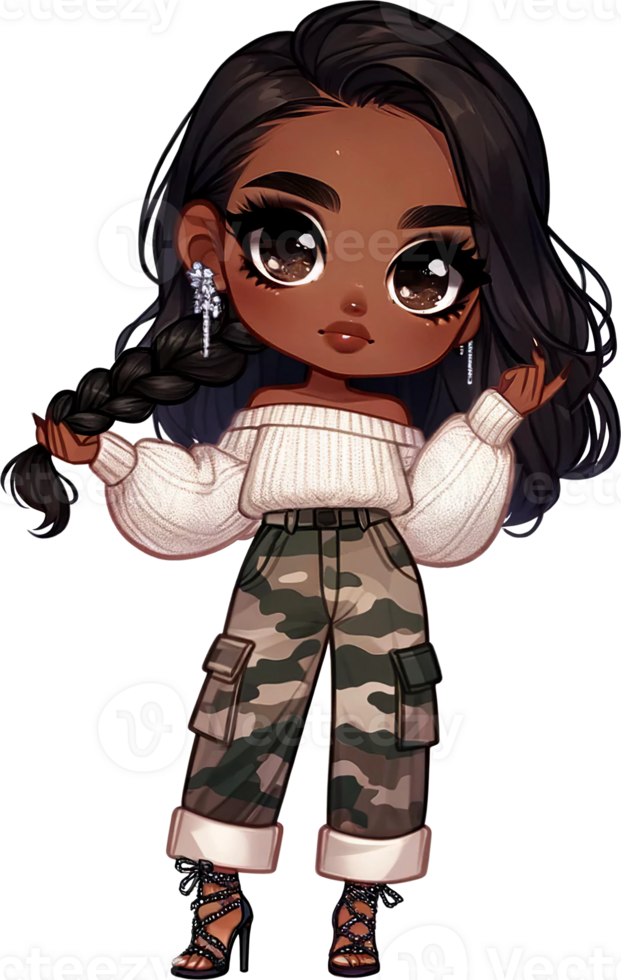 AI generated Chibi Cute Girl with Braided Hair and Sweater Watercolor Clipart Isolated png