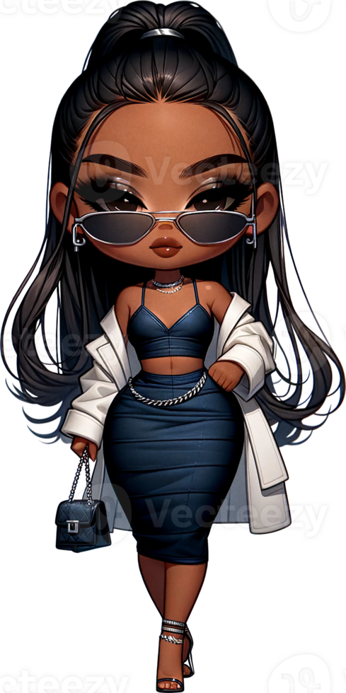 AI generated Chibi Fashionable Girl in Denim Outfit Watercolor Clipart Isolated png