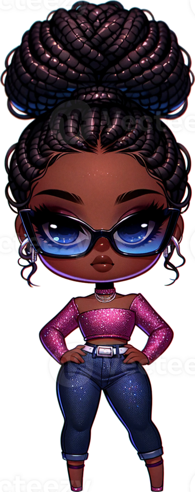 AI generated Chibi Fashionable Girl with High Bun and Sunglasses Watercolor Clipart Isolated png