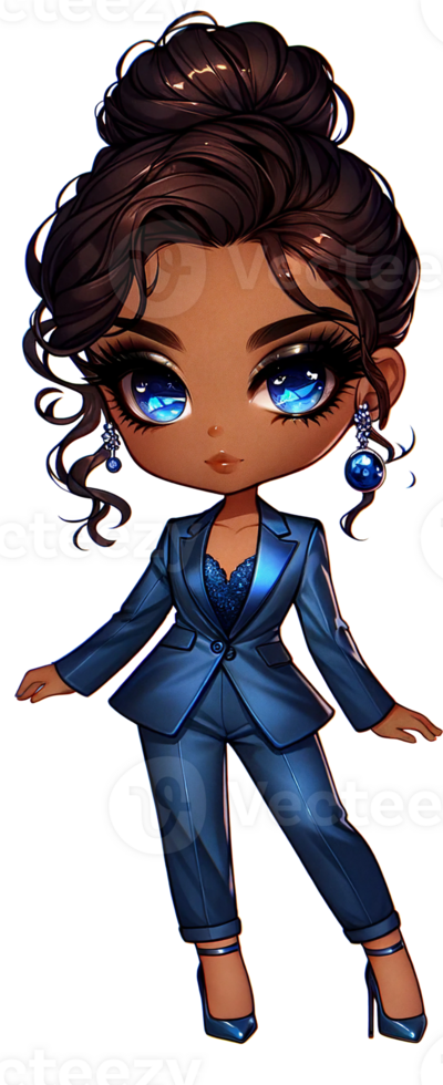 ai gerado chibi senhora patrão dentro à moda azul equipamento aguarela clipart isolado png