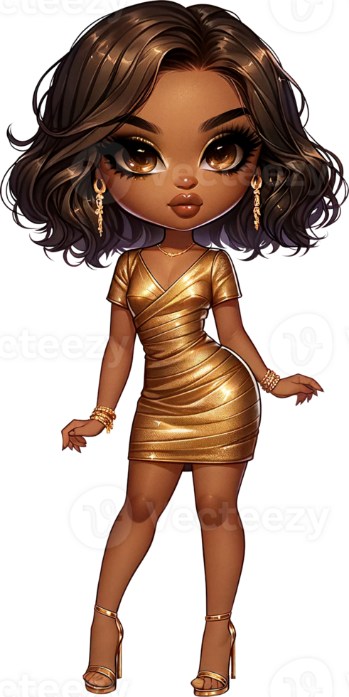 AI generated Chibi Woman in Elegant Gold Dress Watercolor Clipart Isolated png