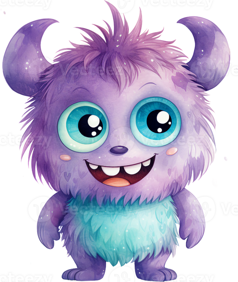 ai généré adorable lilas velu monstre avec gros bleu yeux et cornes png