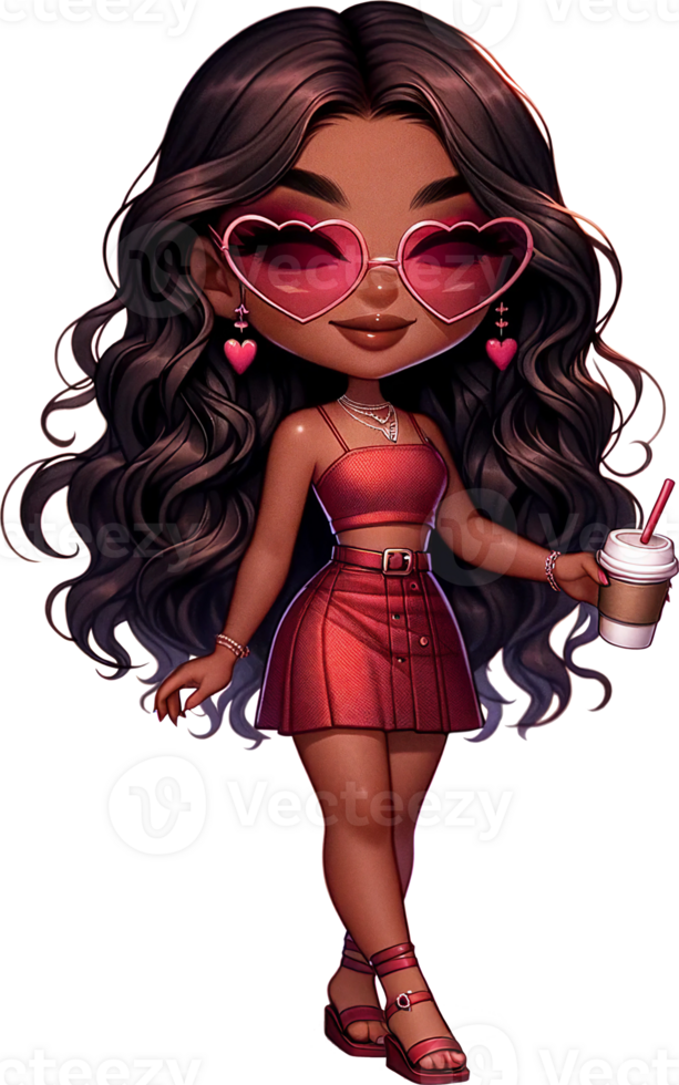 AI generated Chibi Fashionista in Heart Sunglasses and Red Outfit Watercolor Clipart Isolated png