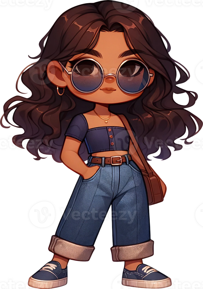 AI generated Chibi Girl with Sunglasses and Casual Denim Outfit Watercolor Clipart Isolated png