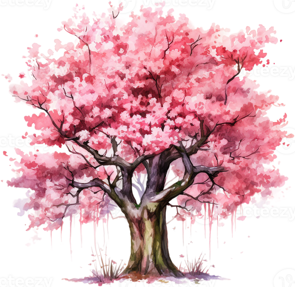 AI generated Pink Cherry Blossom Tree with Watercolor Textured Blossoms png