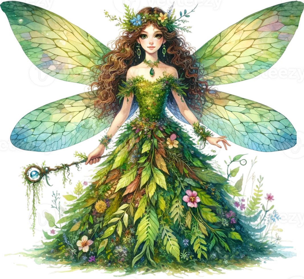 AI generated Emerald Forest Fairy with Floral Gown png