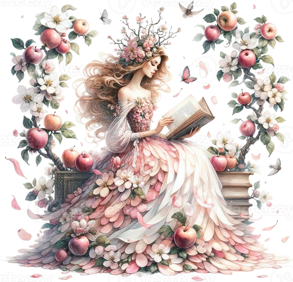 AI generated Apple Harvest Goddess Reading Among the Trees png