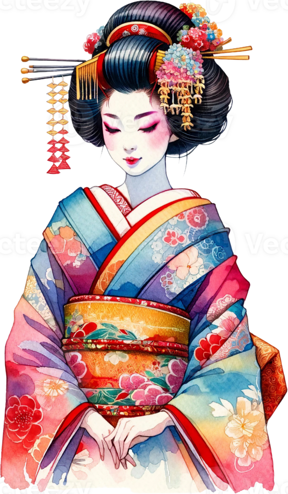 ai generado vistoso geisha en vibrante kimono acuarela clipart aislado png