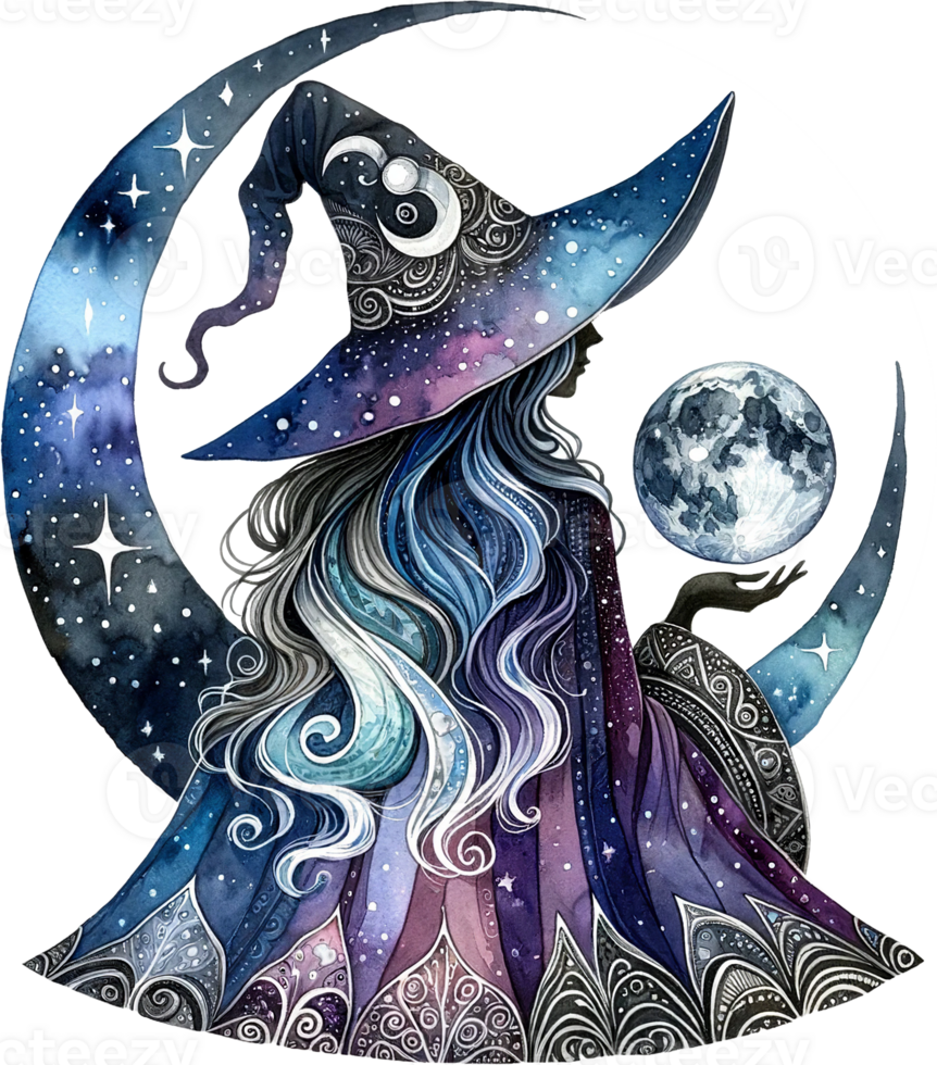AI generated Cosmic Witch with Swirling Galaxy Cloak Watercolor Clipart Isolated png