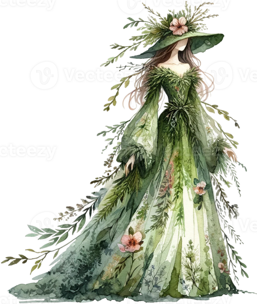AI generated Forest Witch in Flower Gown Watercolor Clipart Isolated png