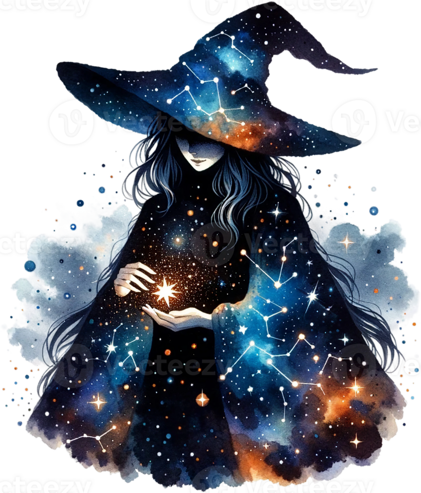 AI generated Witch Reading Starry Spellbook Watercolor Clipart Isolated png