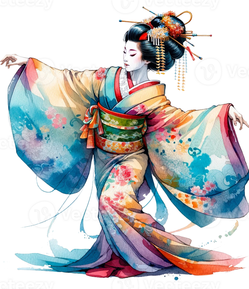 ai generado geisha en danza actitud con fluido kimono acuarela clipart aislado png