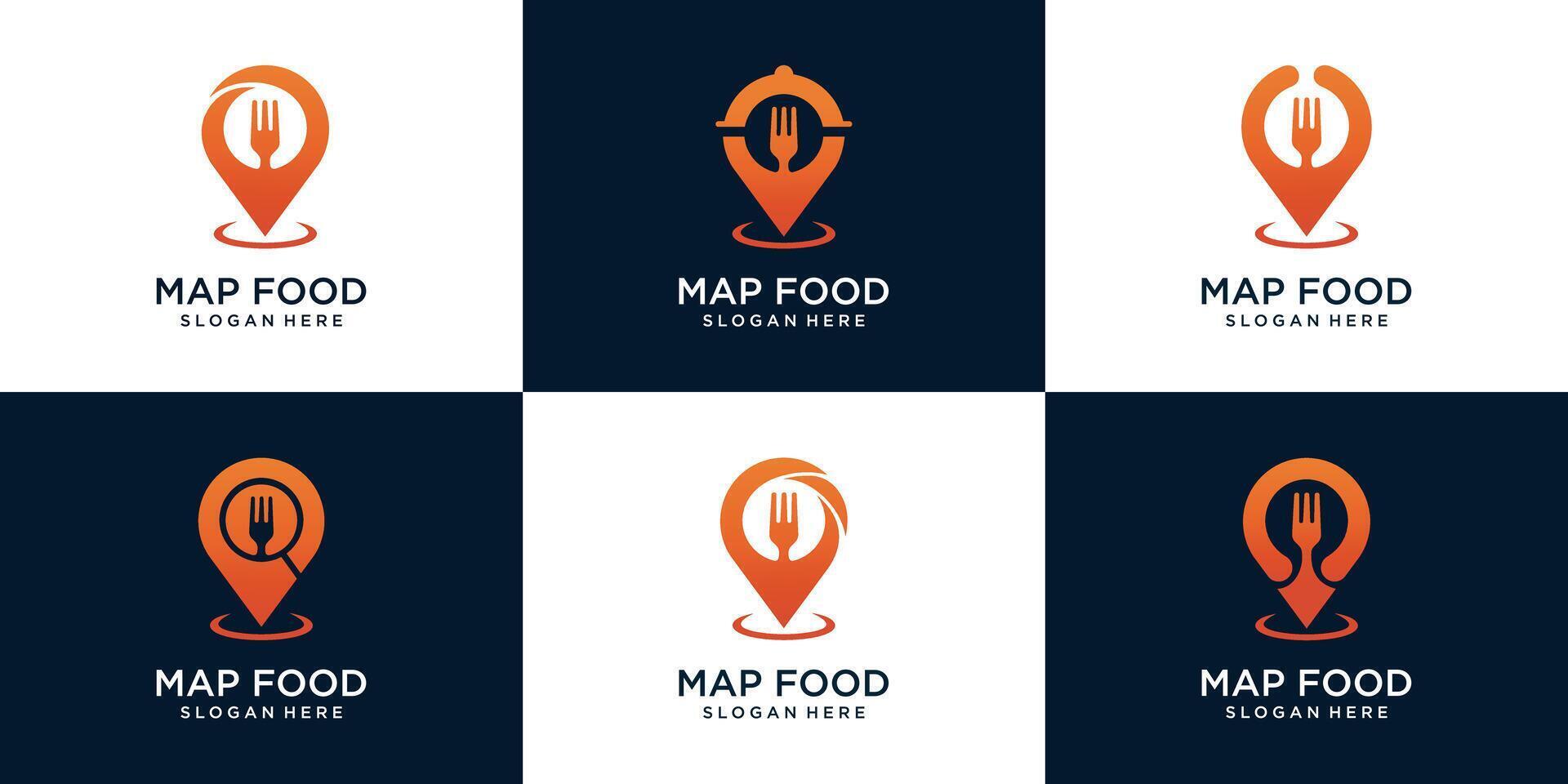 set off Food location logo design, with pin, fork, magnifying glass and business card concept Premium Vector