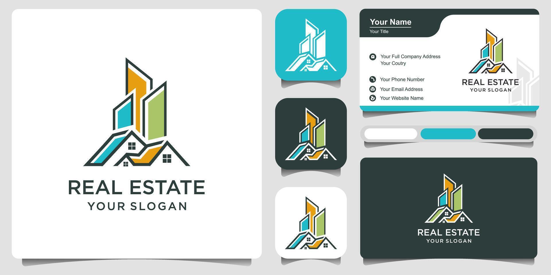 Abstract city building logo design concept with business card. home, Residential, apartment and city landscape icon symbol. vector