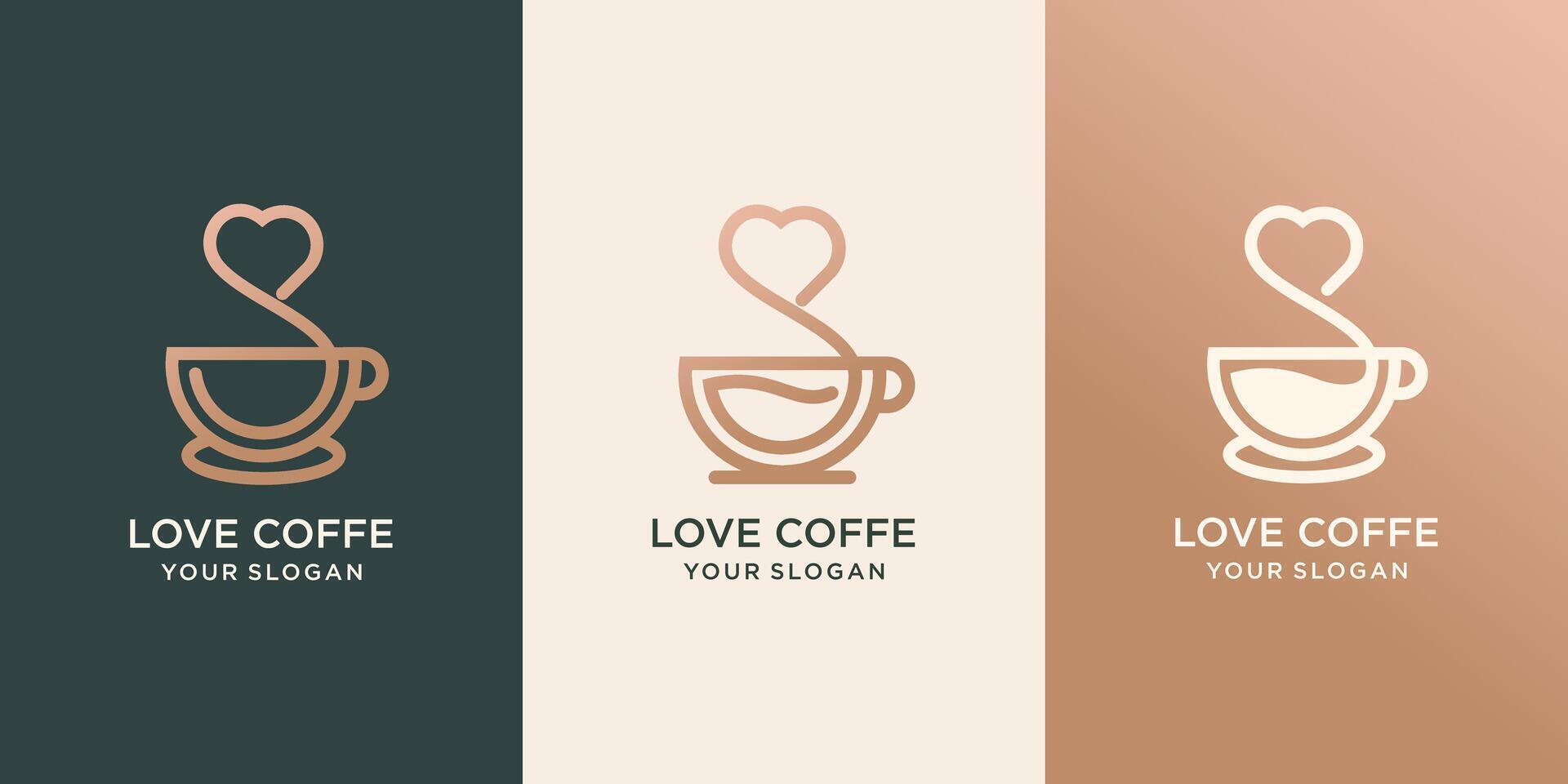 Set of Cup of coffee with heart shaped smoke, print for clothes, t-shirt, emblem or logo design, vector illustration. Continuous line drawing.