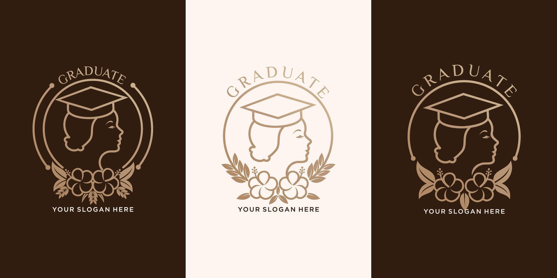 set of educational logo designs and beautiful woman graduating from university in vintage style. Vector Design Template