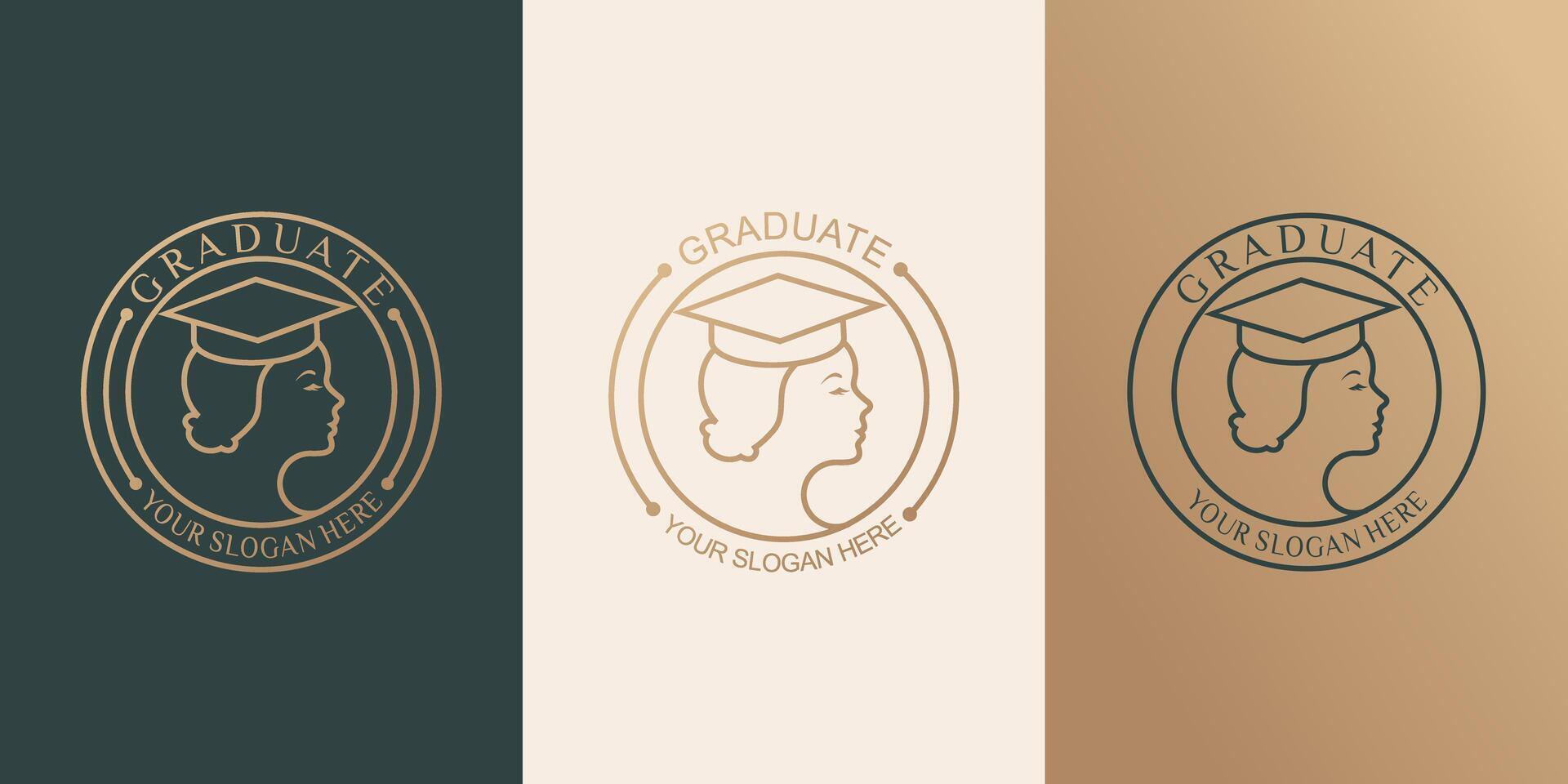 set of educational logo designs and beautiful woman graduating from university in vintage style. Vector Design Template