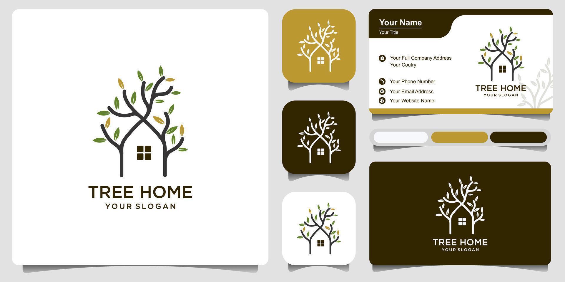 Illustration of Tree House Logo Design Template with business card . Tree Home logotype Design vector, Nature eco House Logo Print vector