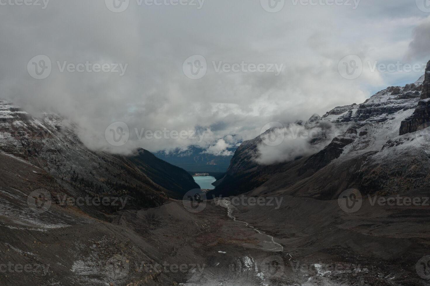 Aerial view of the Six Glacier Plain Trail, Lake Louise, Canada. photo