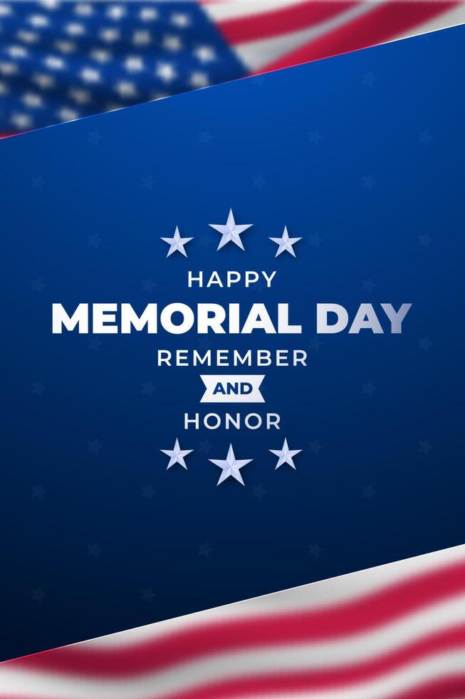 Happy Memorial Day poster with text and blurred american flag. vector